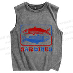 Unisex Vintage Sardines Fish Printed Washed Tank Top