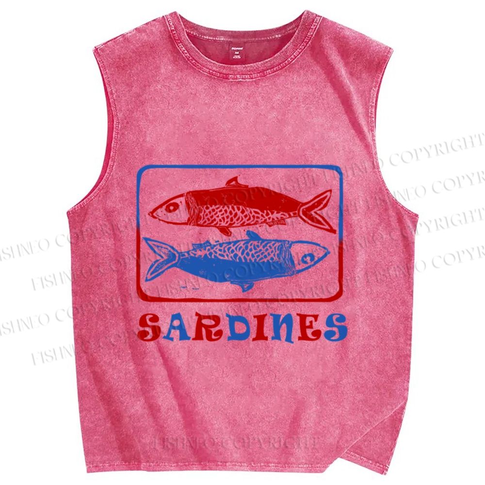 Unisex Vintage Sardines Fish Printed Washed Tank Top