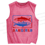Unisex Vintage Sardines Fish Printed Washed Tank Top