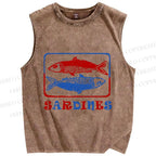 Unisex Vintage Sardines Fish Printed Washed Tank Top