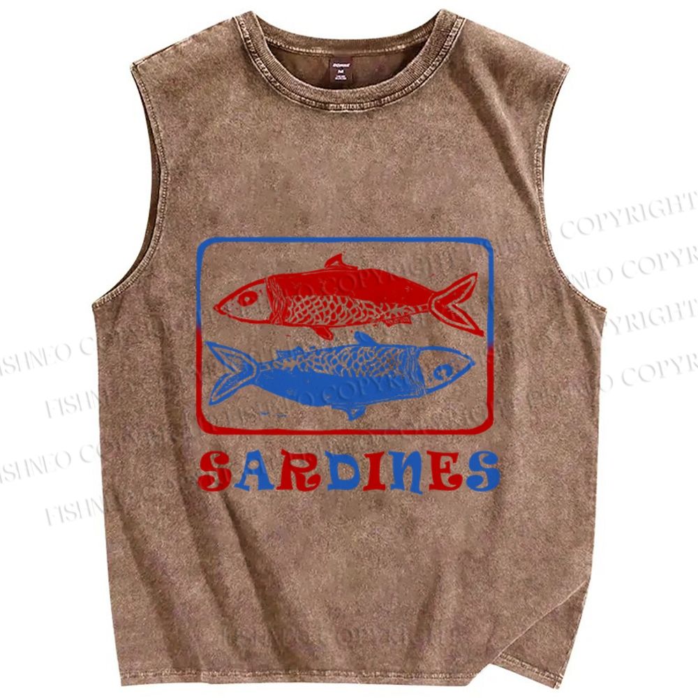 Unisex Vintage Sardines Fish Printed Washed Tank Top