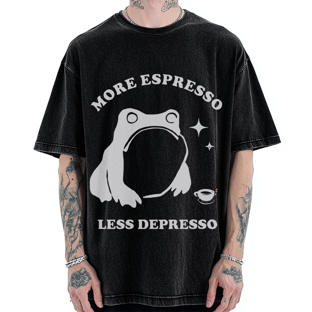 More Espresso Less Depresso Funny Frog Coffee Vintage Washed T-shirt