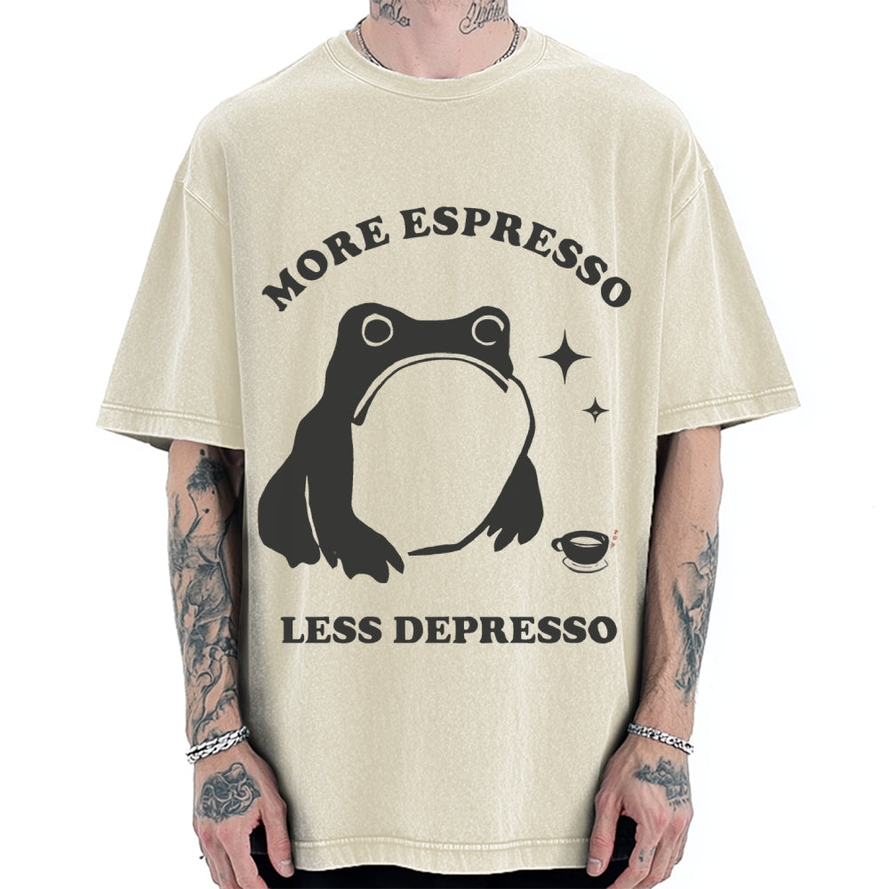 More Espresso Less Depresso Funny Frog Coffee Vintage Washed T-shirt