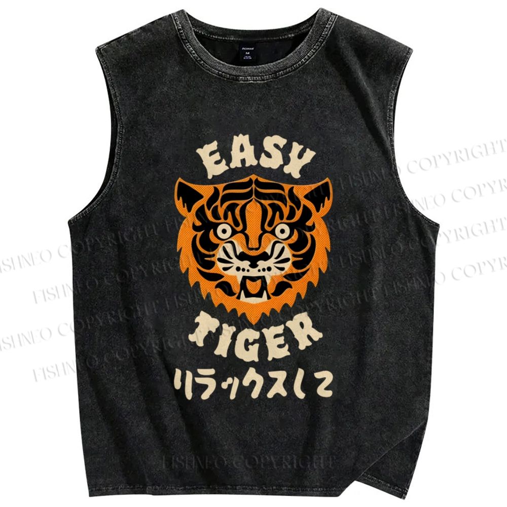 Unisex Easy Tiger Vintage Japanese Style Printed Washed Tank Top