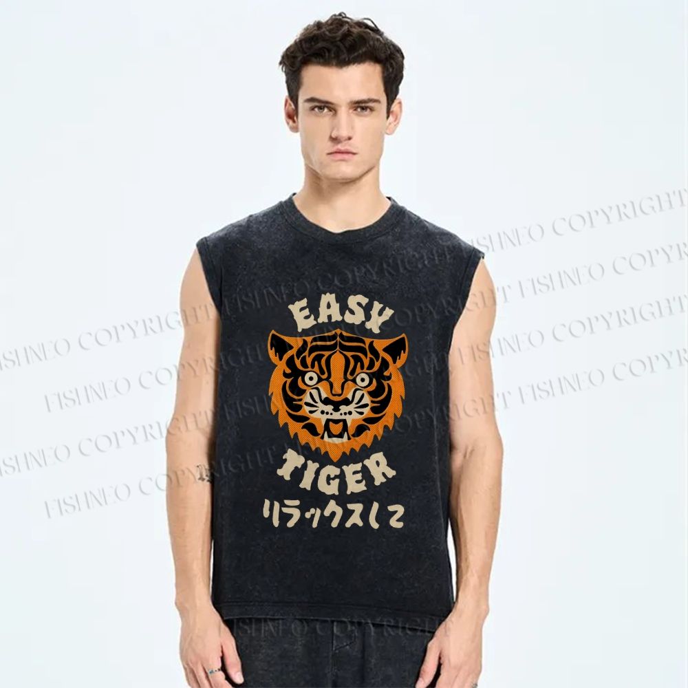Unisex Easy Tiger Vintage Japanese Style Printed Washed Tank Top
