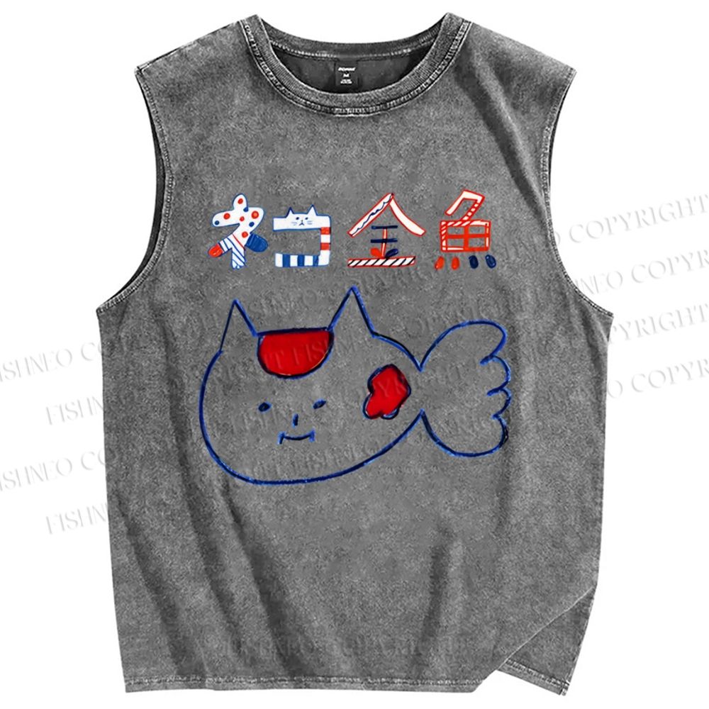 Unisex Cartoon Goldfish Printed Washed Tank Top