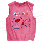 Unisex Cartoon Goldfish Printed Washed Tank Top