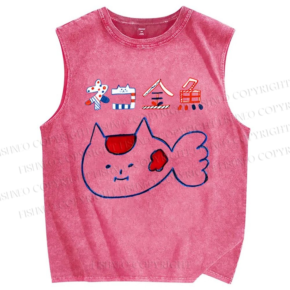 Unisex Cartoon Goldfish Printed Washed Tank Top