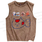 Unisex Cartoon Goldfish Printed Washed Tank Top