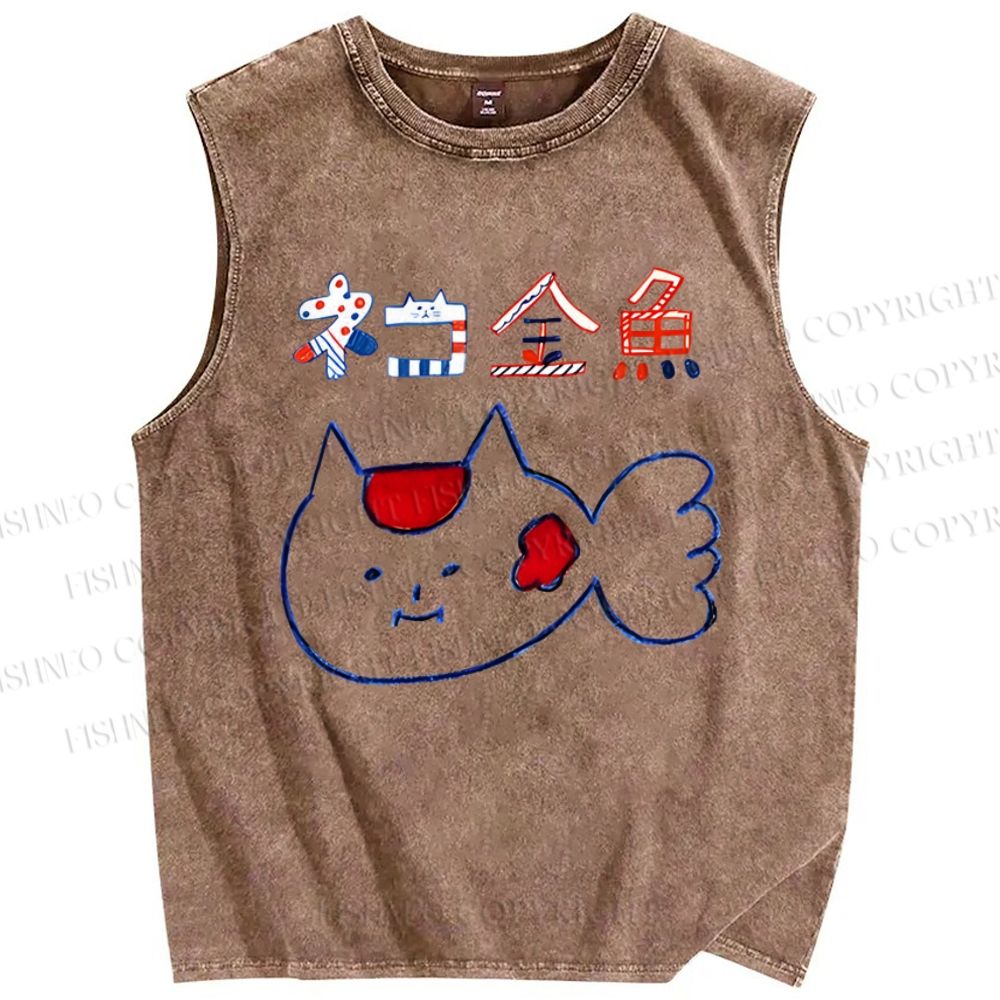 Unisex Cartoon Goldfish Printed Washed Tank Top