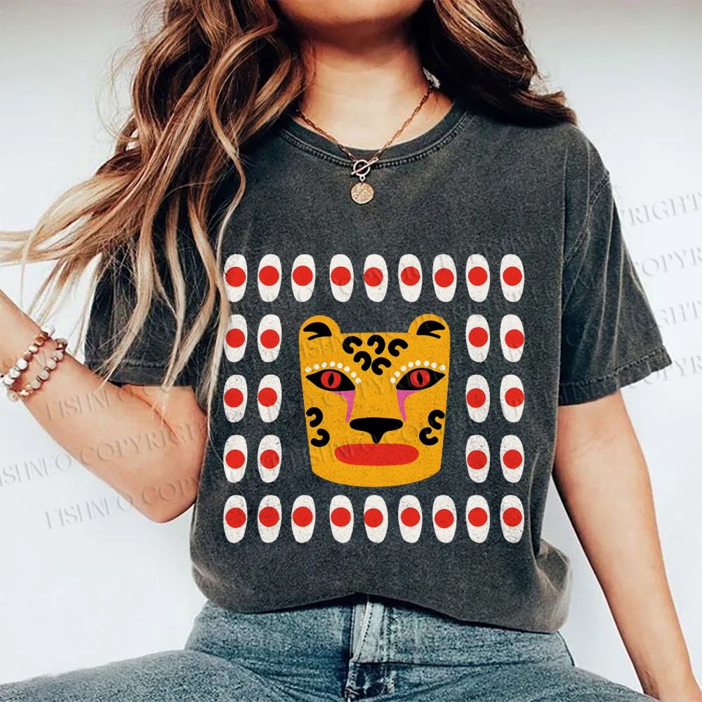 Unisex Art Geometric Tiger Printed Washed Tee