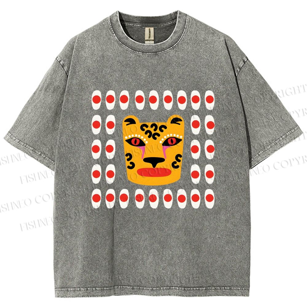 Unisex Art Geometric Tiger Printed Washed Tee