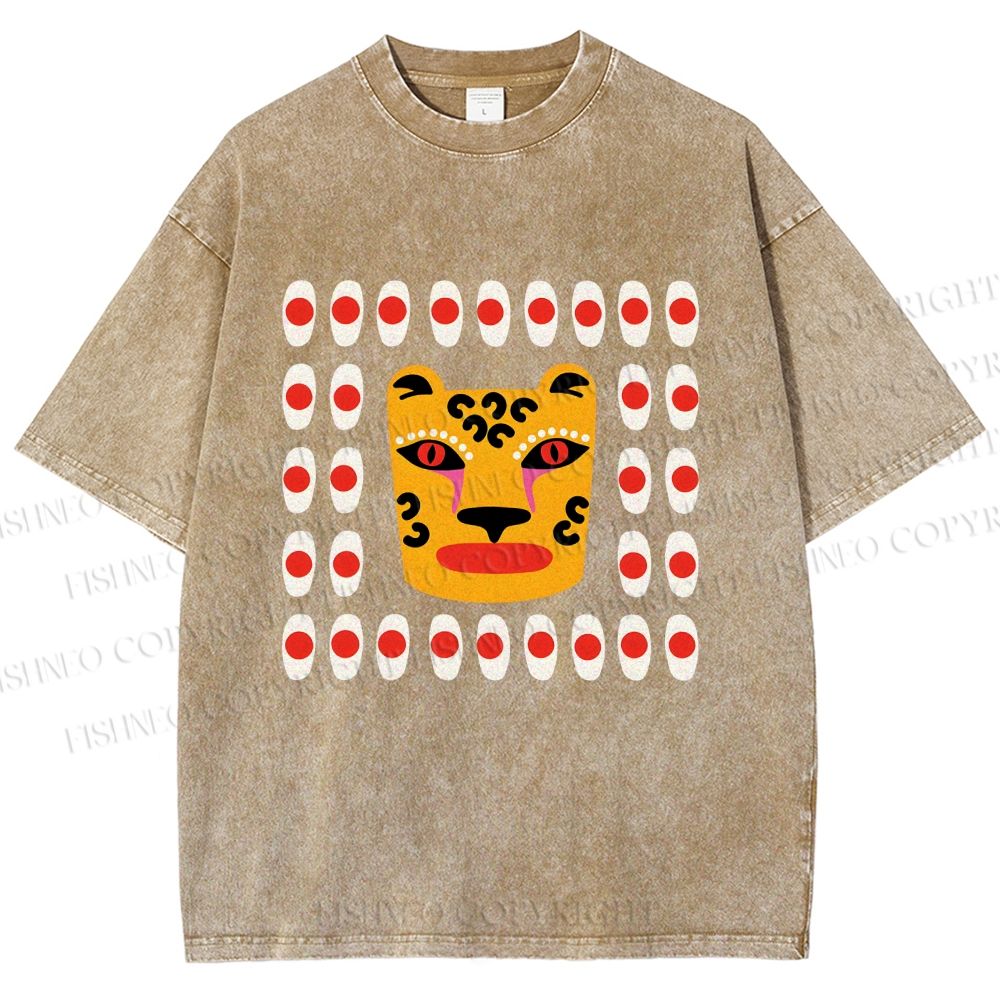 Unisex Art Geometric Tiger Printed Washed Tee