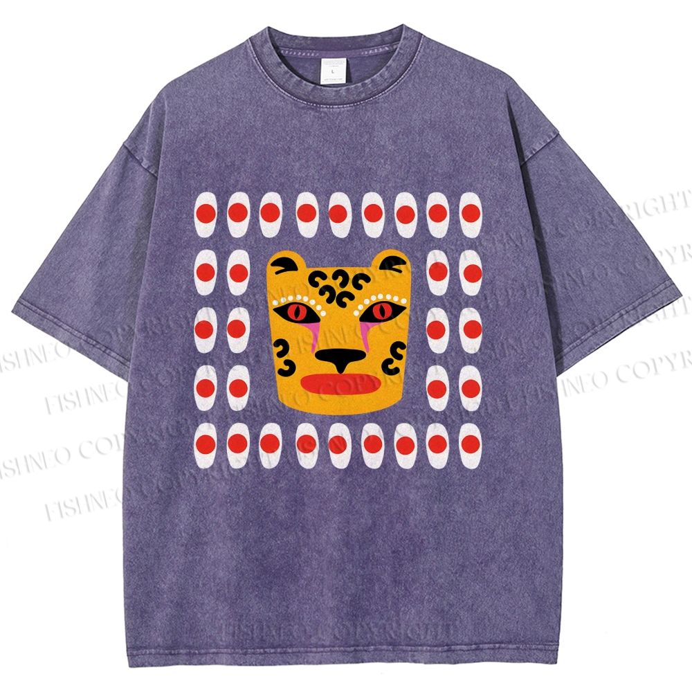 Unisex Art Geometric Tiger Printed Washed Tee