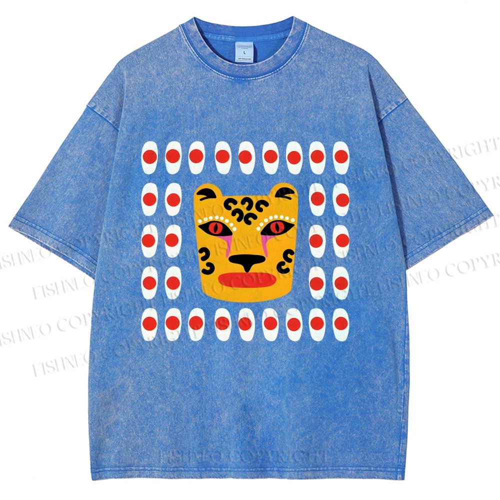 Unisex Art Geometric Tiger Printed Washed Tee