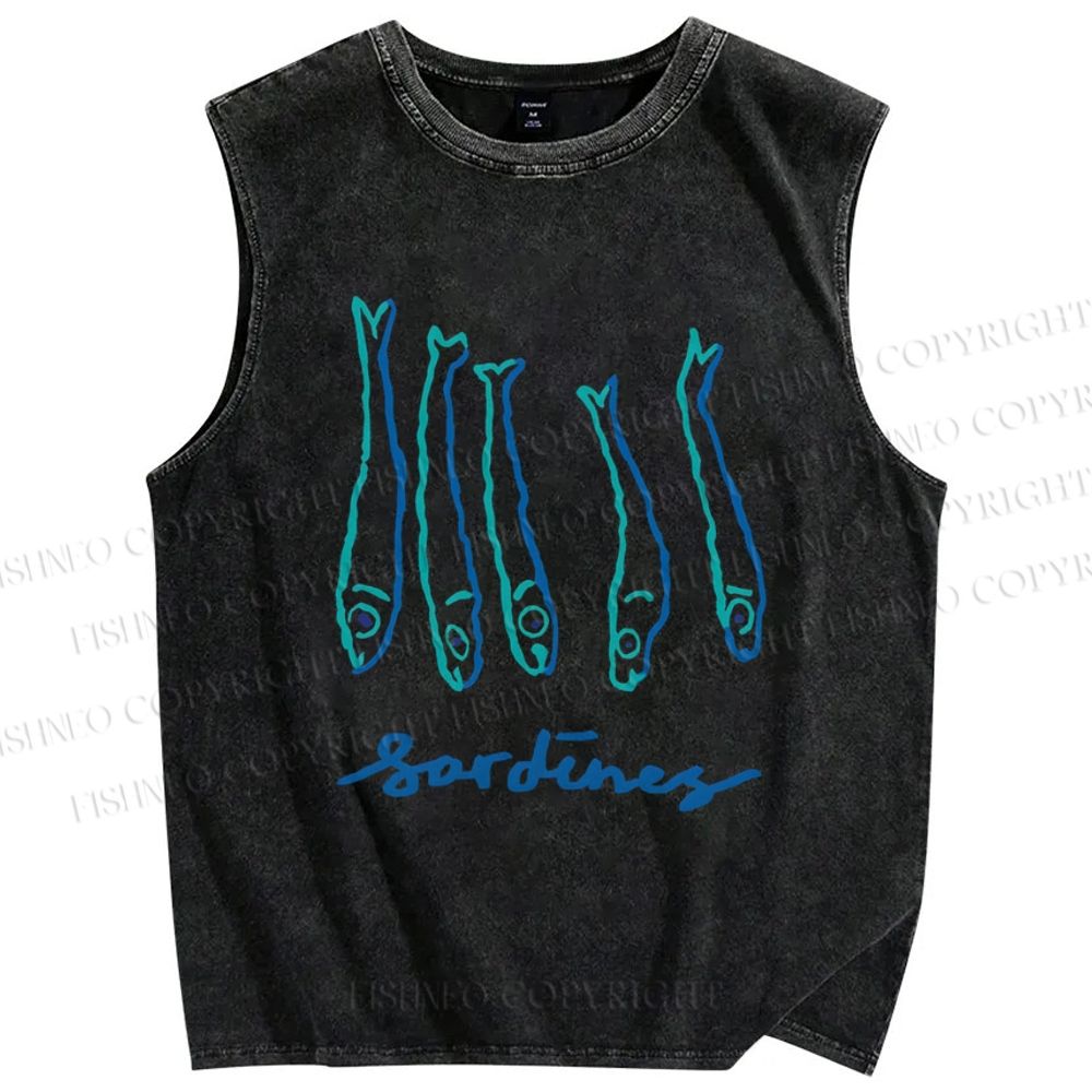Unisex Art Sardines Printed Washed Tank Top
