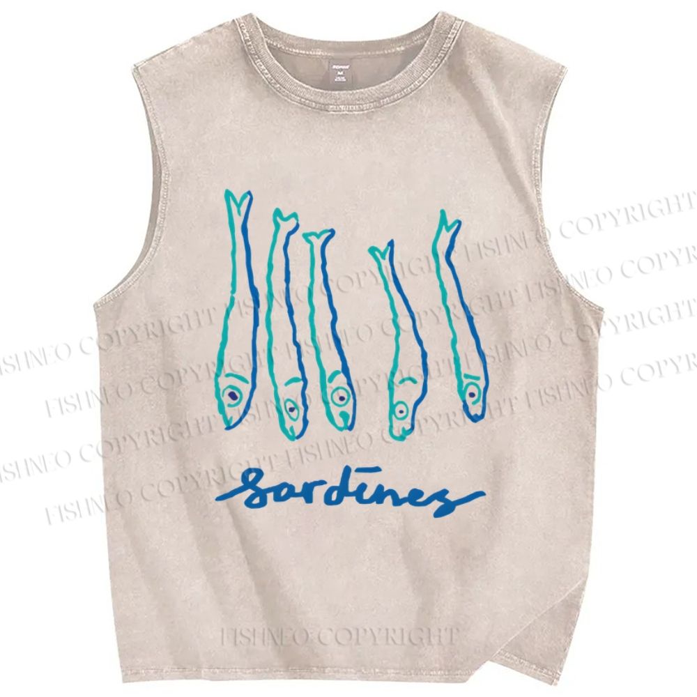 Unisex Art Sardines Printed Washed Tank Top