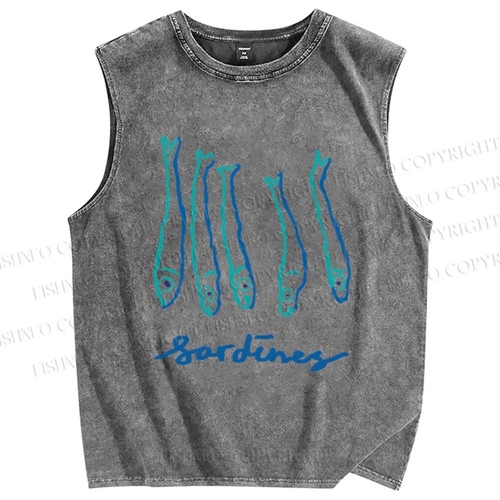 Unisex Art Sardines Printed Washed Tank Top