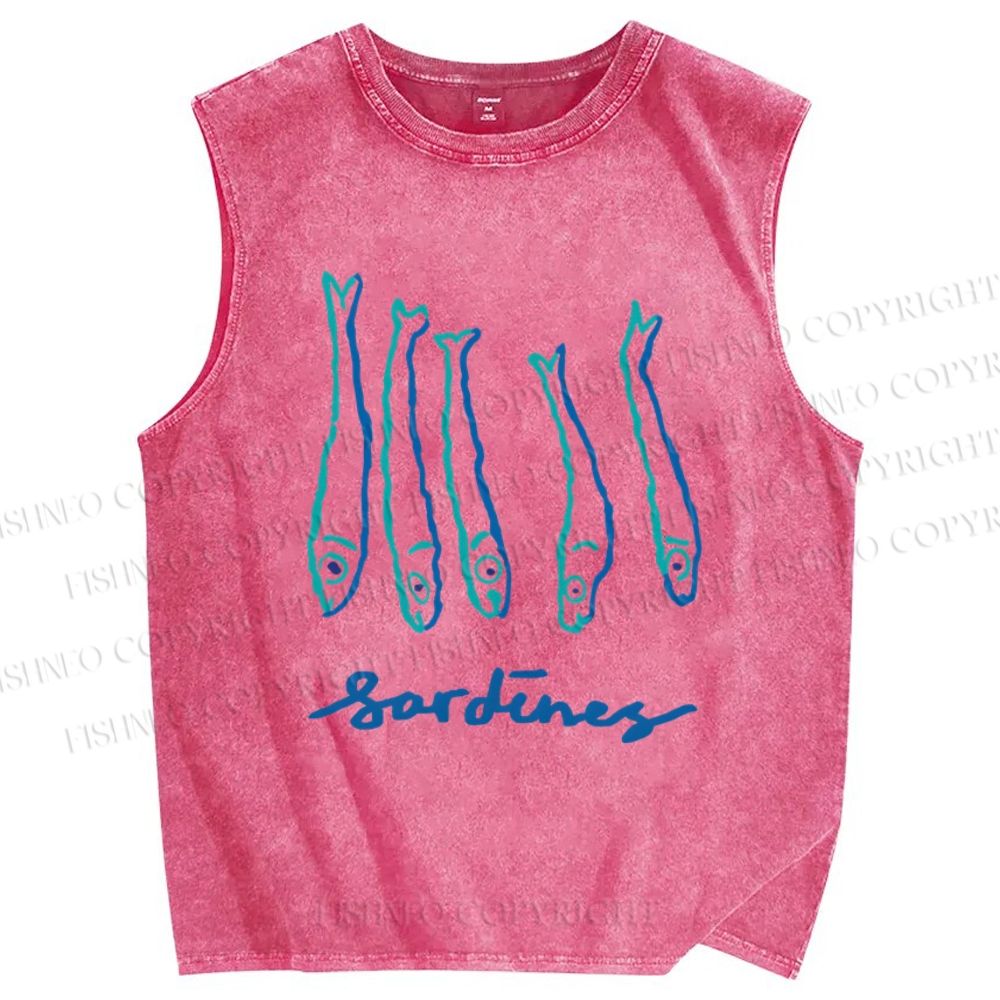 Unisex Art Sardines Printed Washed Tank Top