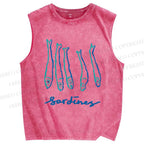 Unisex Art Sardines Printed Washed Tank Top