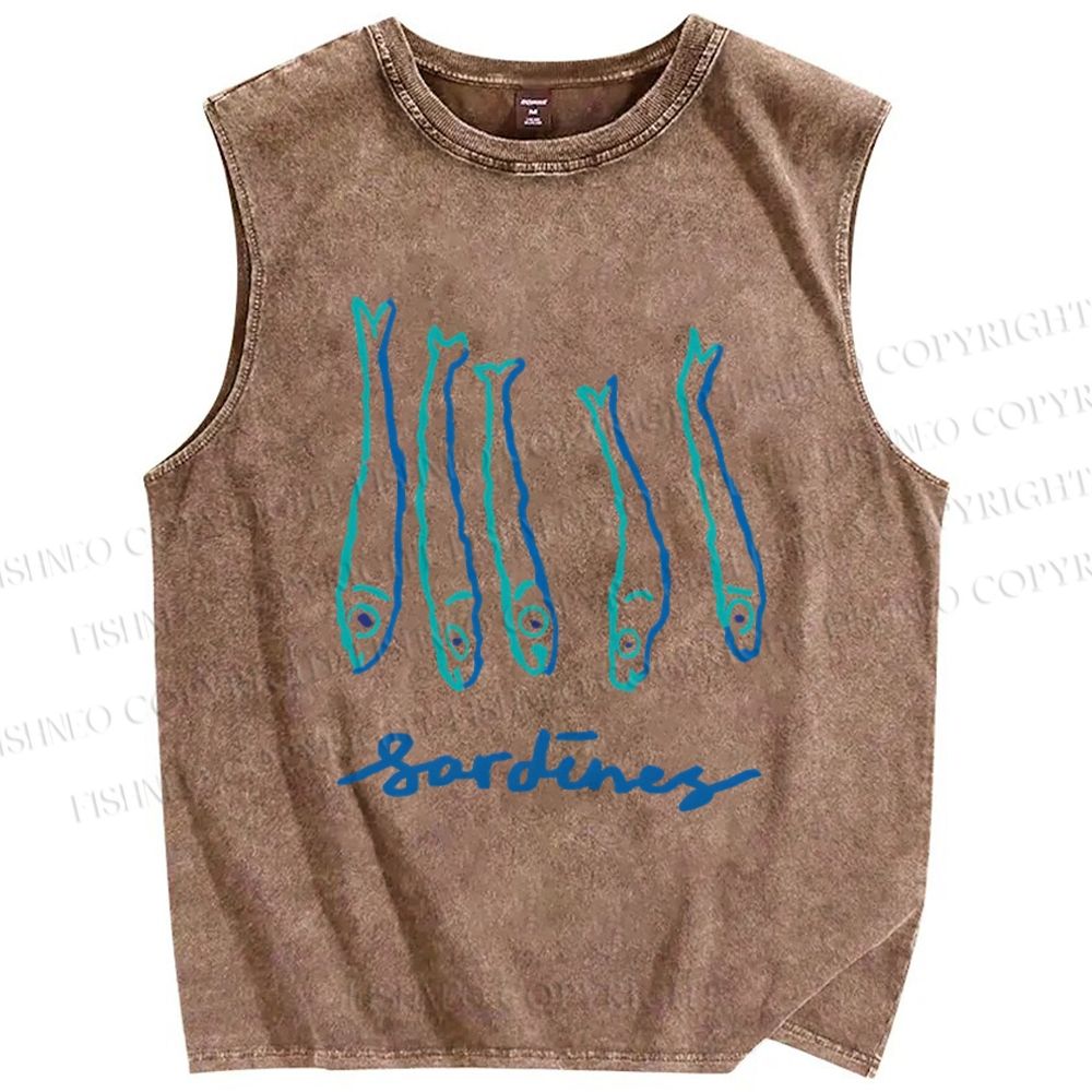 Unisex Art Sardines Printed Washed Tank Top