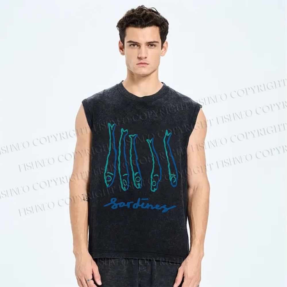 Unisex Art Sardines Printed Washed Tank Top