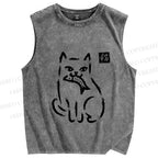 Unisex Cat Got A Fish Printed Washed Tank Top