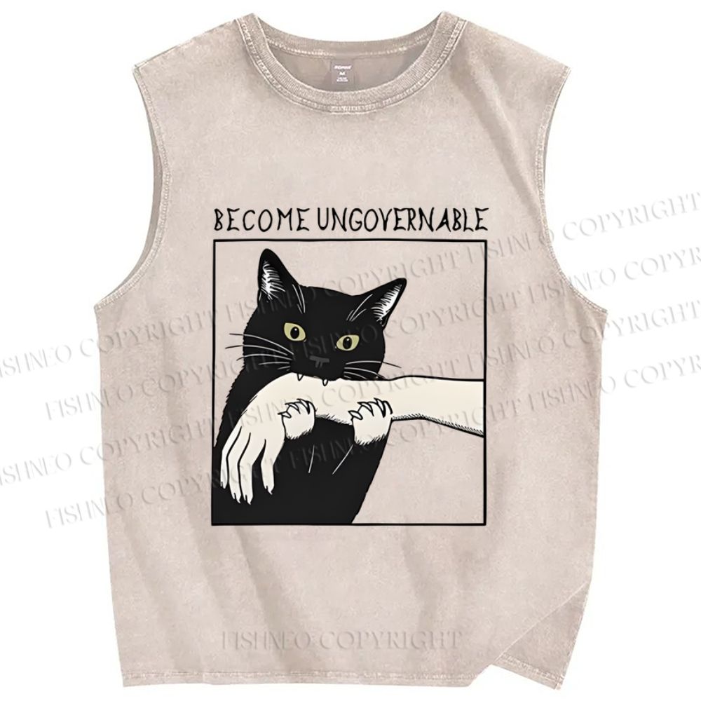 Unisex Black Cat Become Ungovernable Printed Washed Tank Top