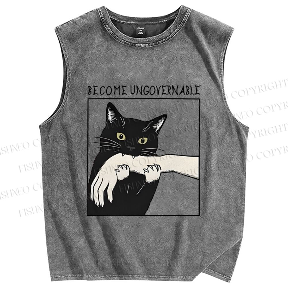 Unisex Black Cat Become Ungovernable Printed Washed Tank Top