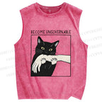 Unisex Black Cat Become Ungovernable Printed Washed Tank Top