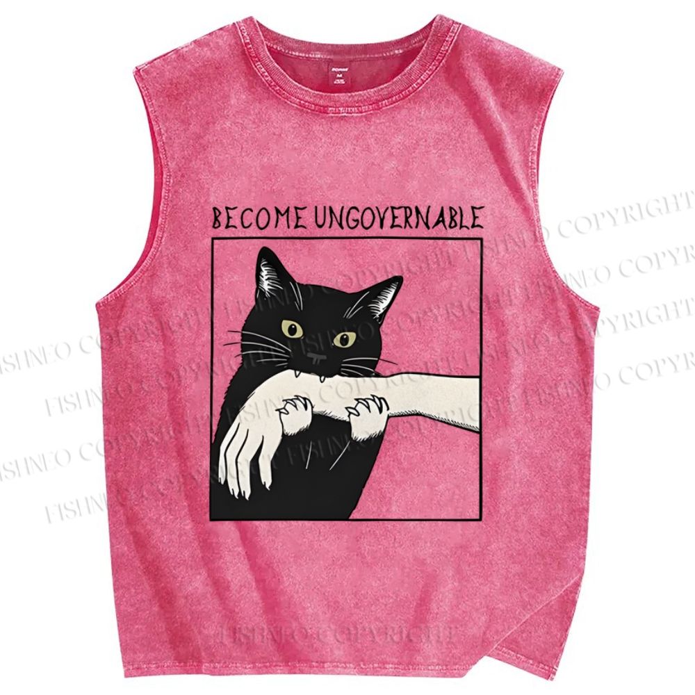 Unisex Black Cat Become Ungovernable Printed Washed Tank Top