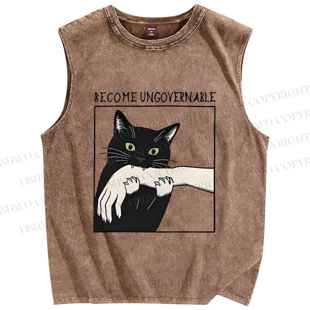 Unisex Black Cat Become Ungovernable Printed Washed Tank Top