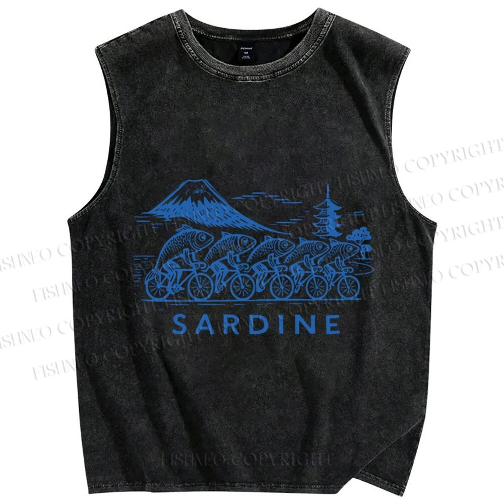 Unisex Vintage Sardine Fish Bicycle Printed Washed Tank Top