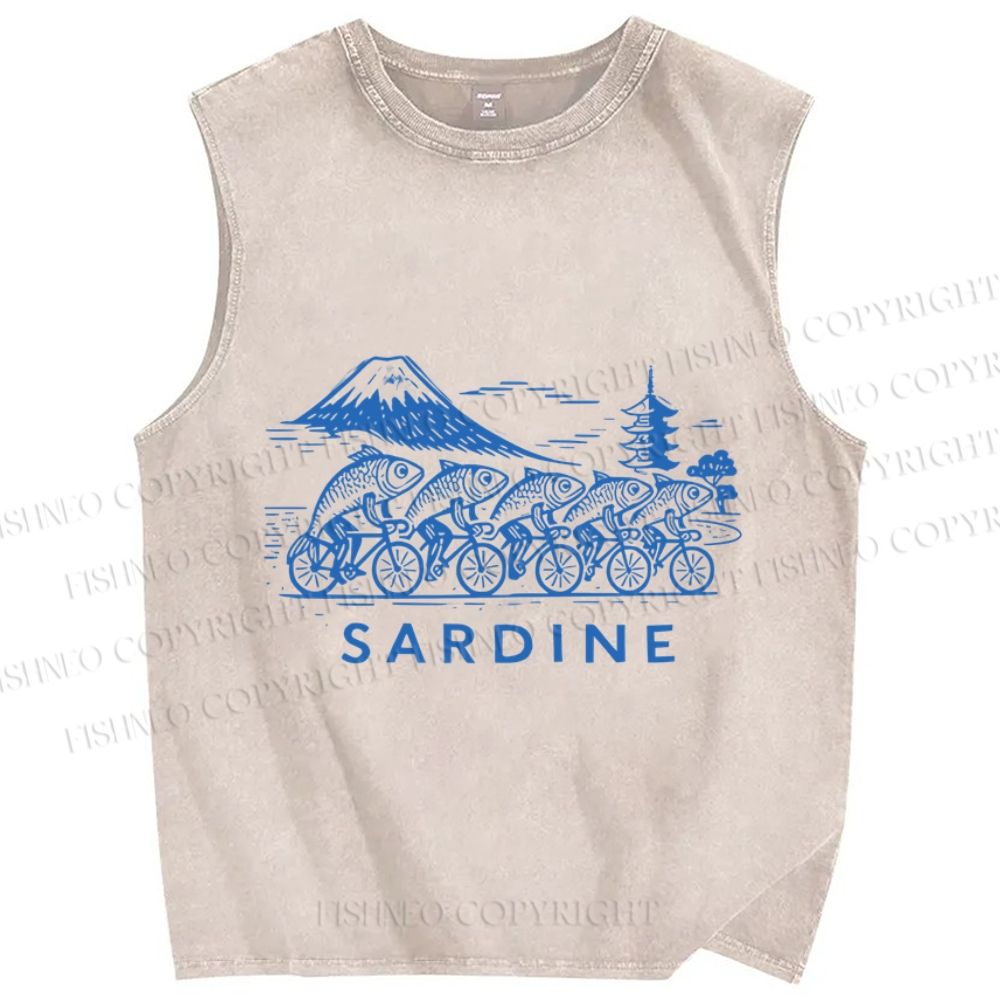 Unisex Vintage Sardine Fish Bicycle Printed Washed Tank Top