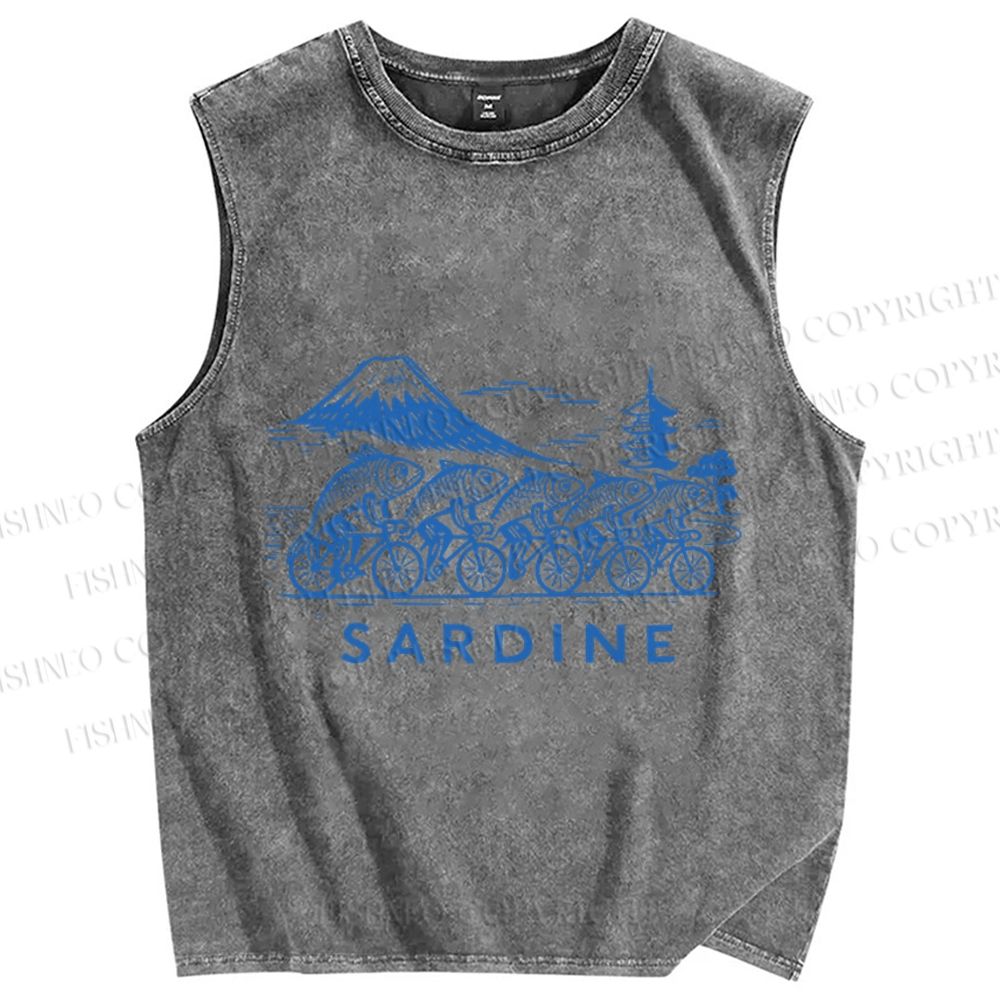 Unisex Vintage Sardine Fish Bicycle Printed Washed Tank Top