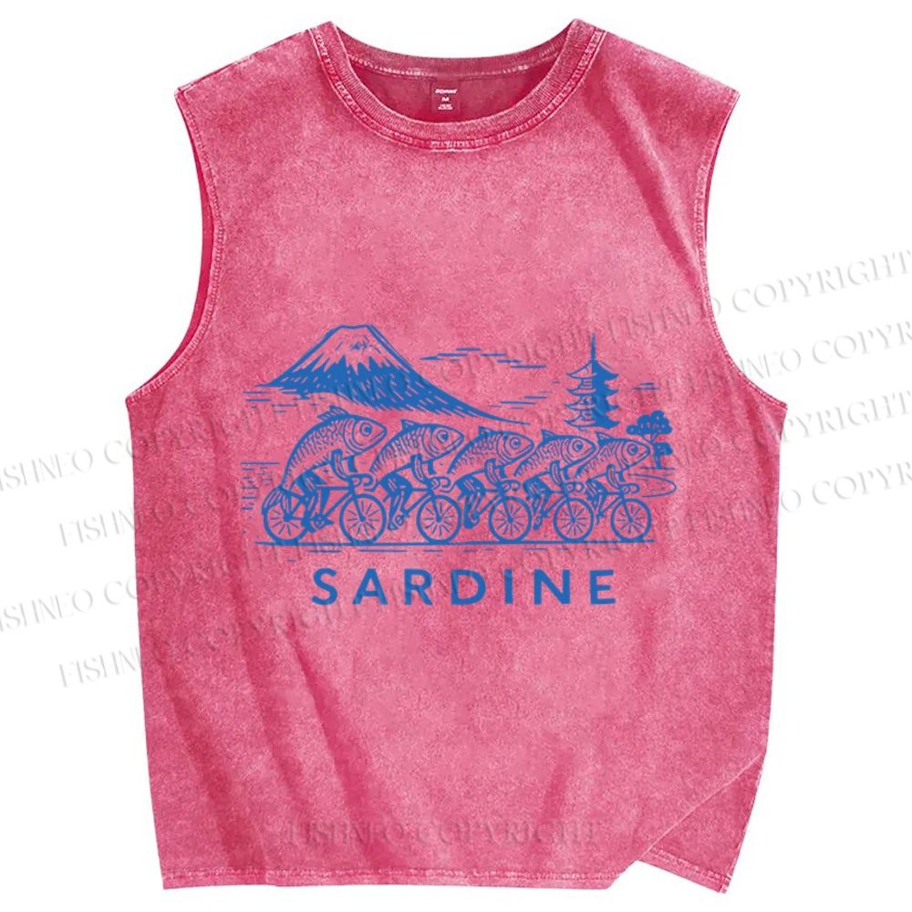 Unisex Vintage Sardine Fish Bicycle Printed Washed Tank Top