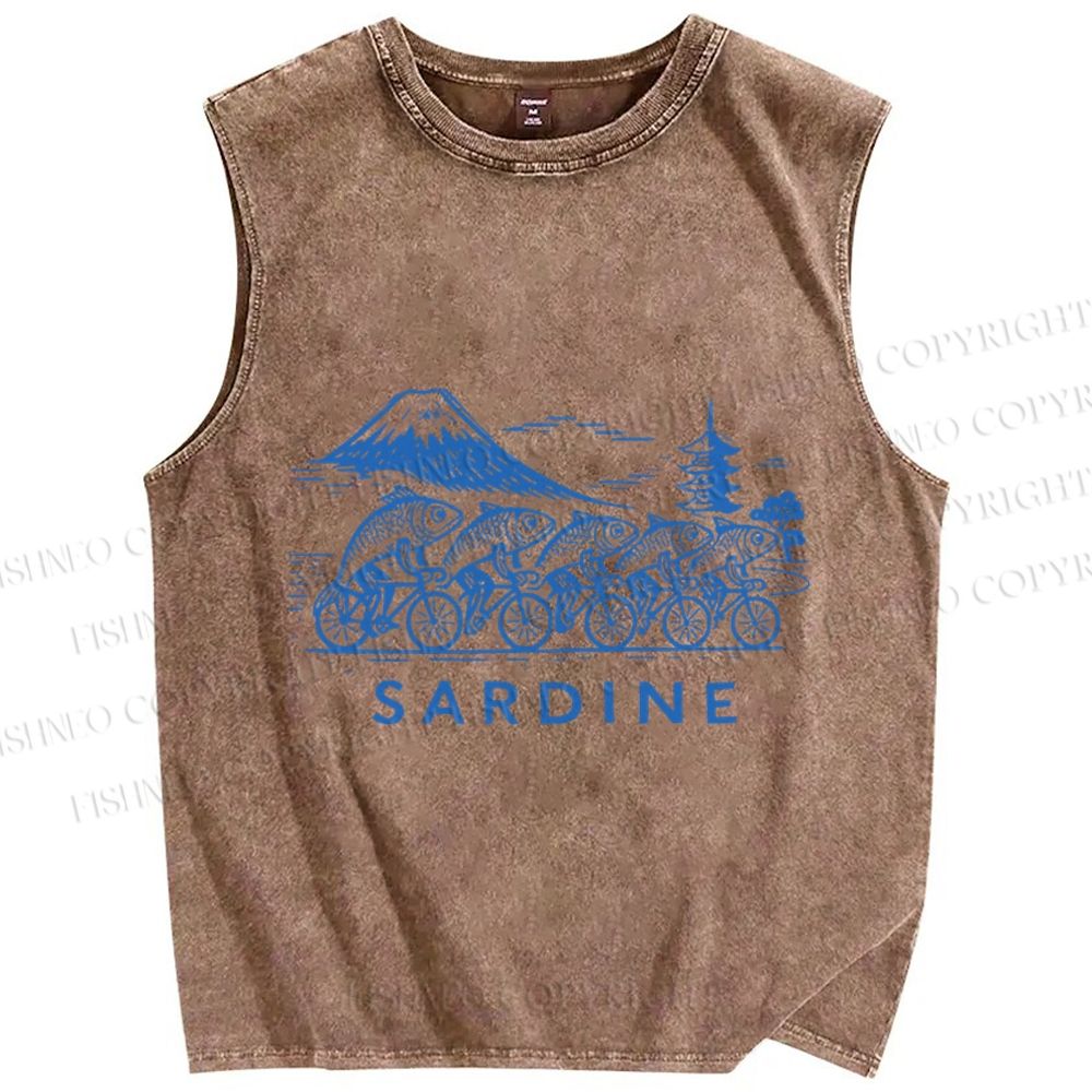 Unisex Vintage Sardine Fish Bicycle Printed Washed Tank Top