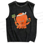Unisex Cartoon Octopus Printed Washed Tank Top