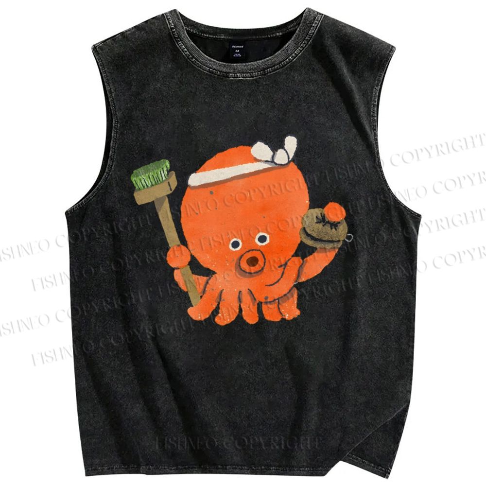Unisex Cartoon Octopus Printed Washed Tank Top