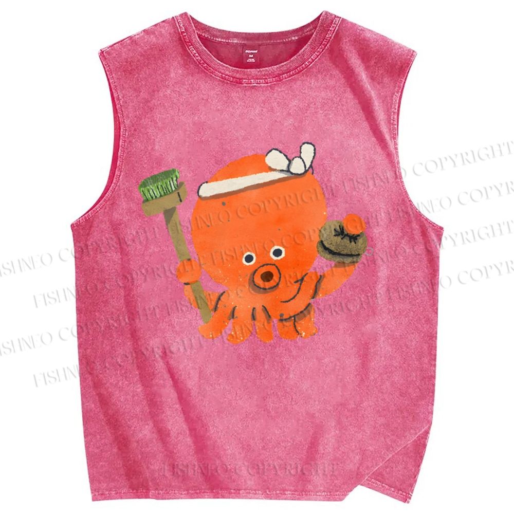 Unisex Cartoon Octopus Printed Washed Tank Top