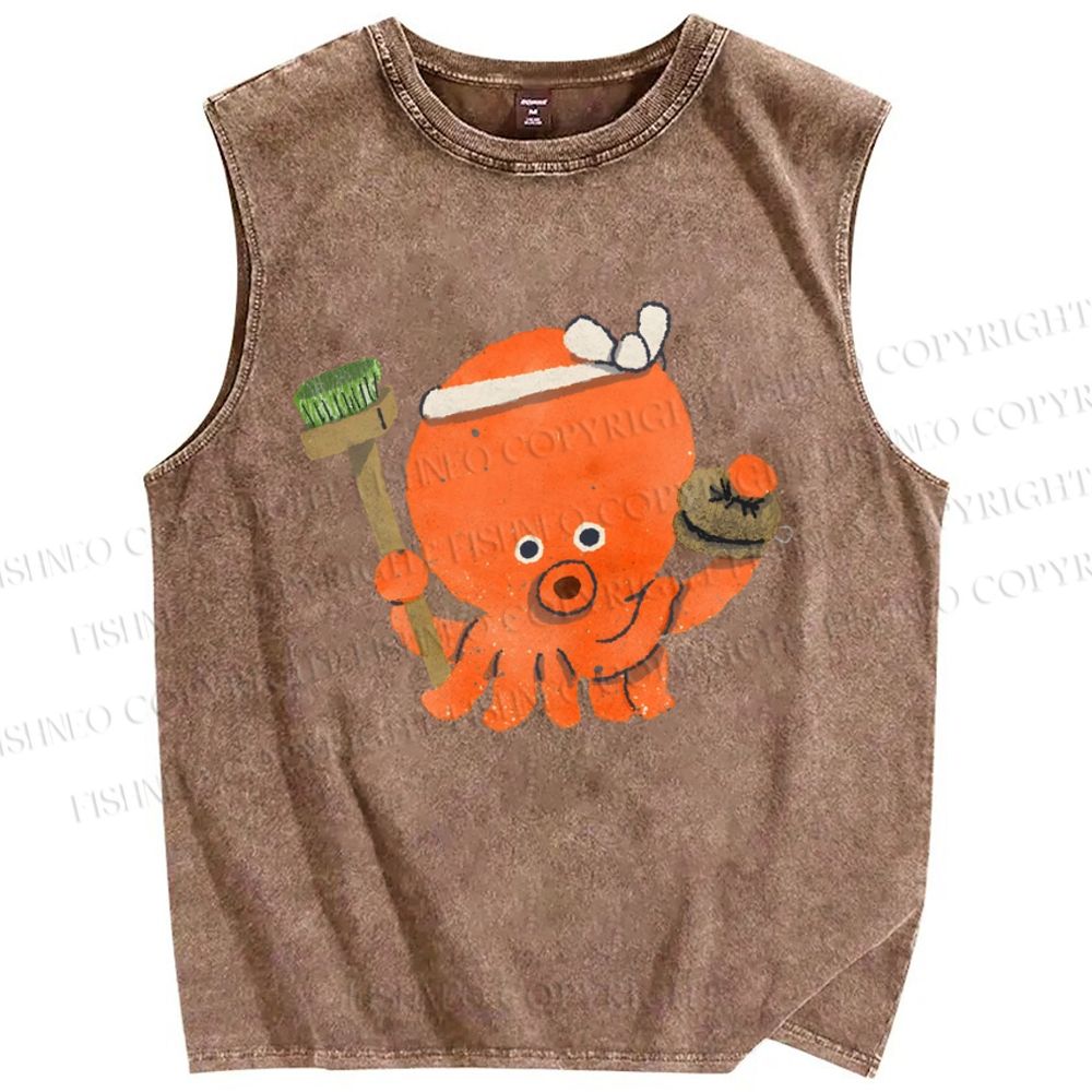 Unisex Cartoon Octopus Printed Washed Tank Top