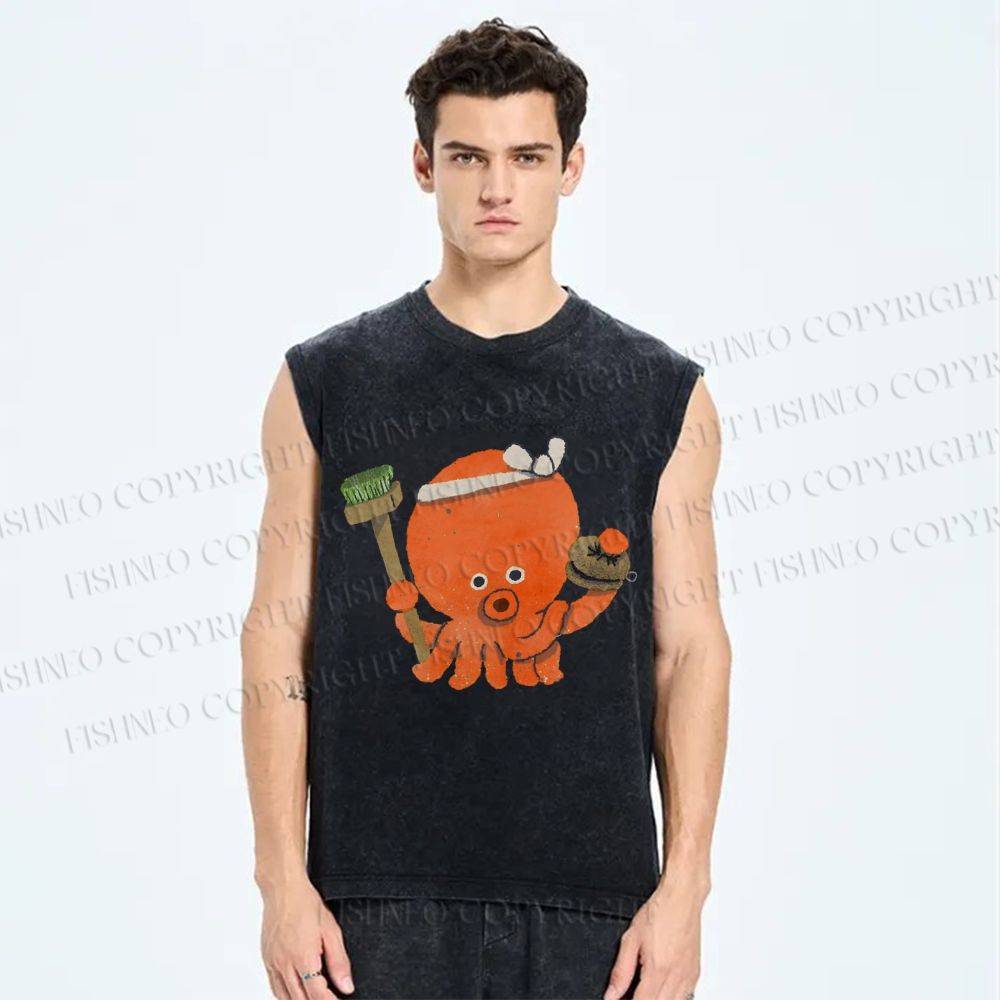 Unisex Cartoon Octopus Printed Washed Tank Top