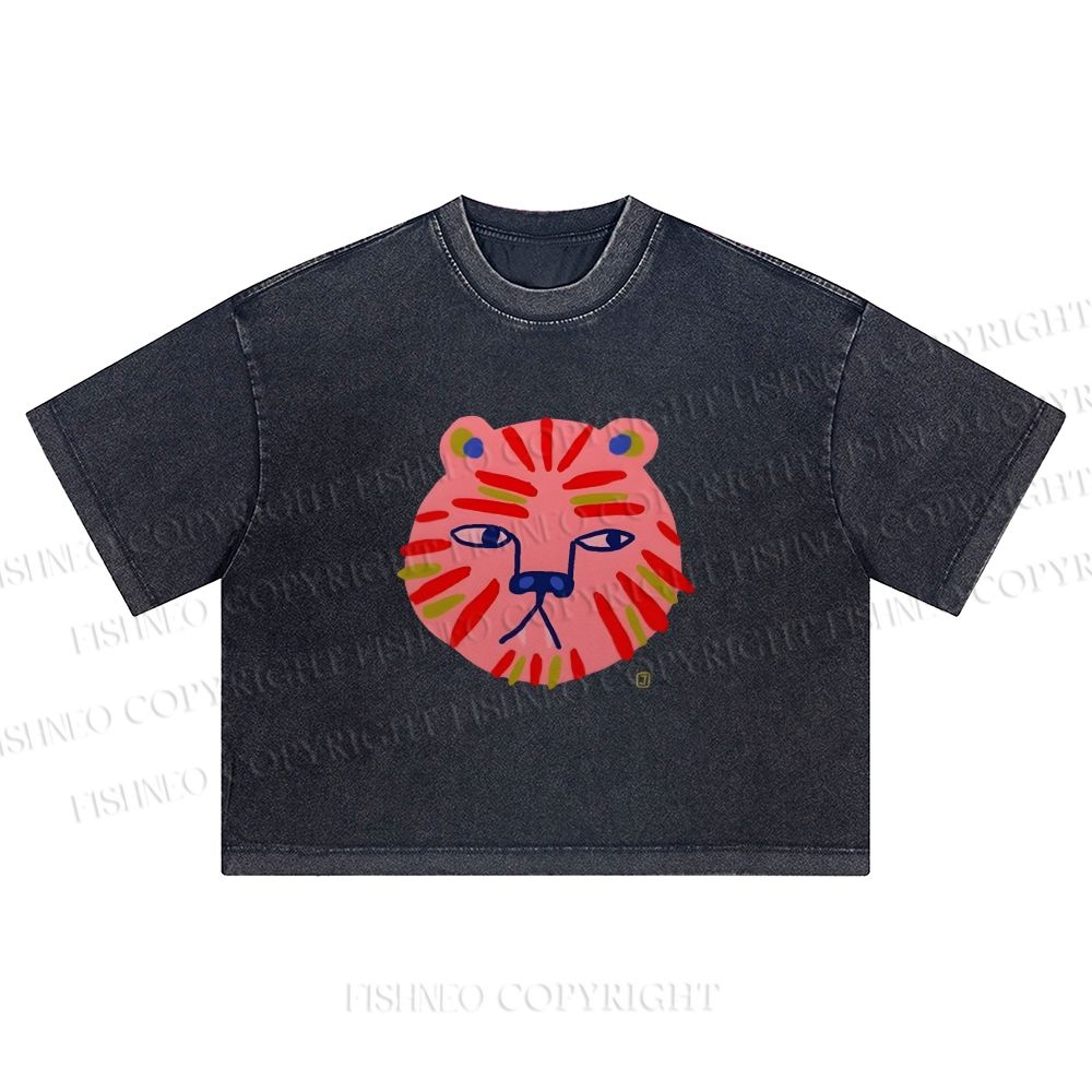 Art Colorful Tiger Printed Washed Cropped T-Shirt