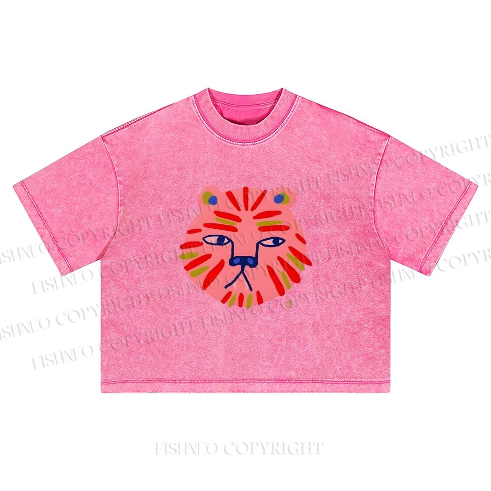 Art Colorful Tiger Printed Washed Cropped T-Shirt