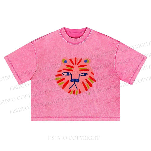 Art Colorful Tiger Printed Washed Cropped T-Shirt
