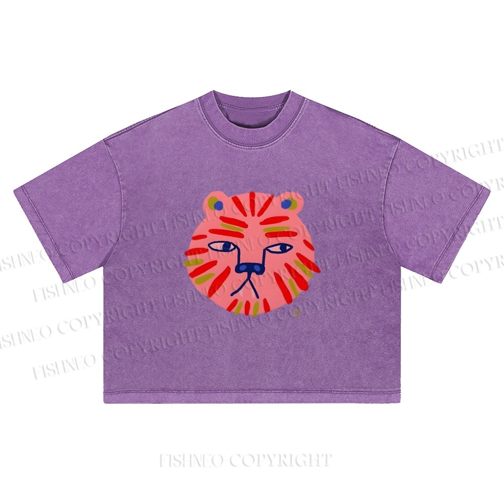 Art Colorful Tiger Printed Washed Cropped T-Shirt