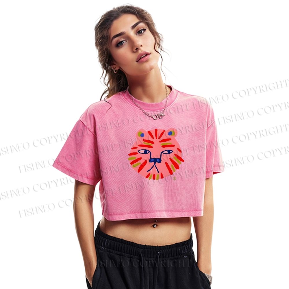 Art Colorful Tiger Printed Washed Cropped T-Shirt