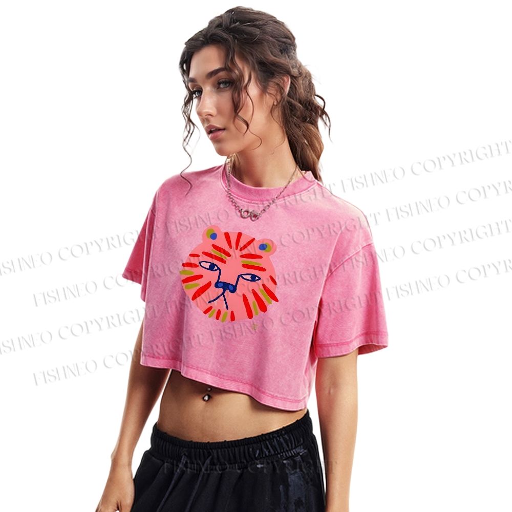 Art Colorful Tiger Printed Washed Cropped T-Shirt
