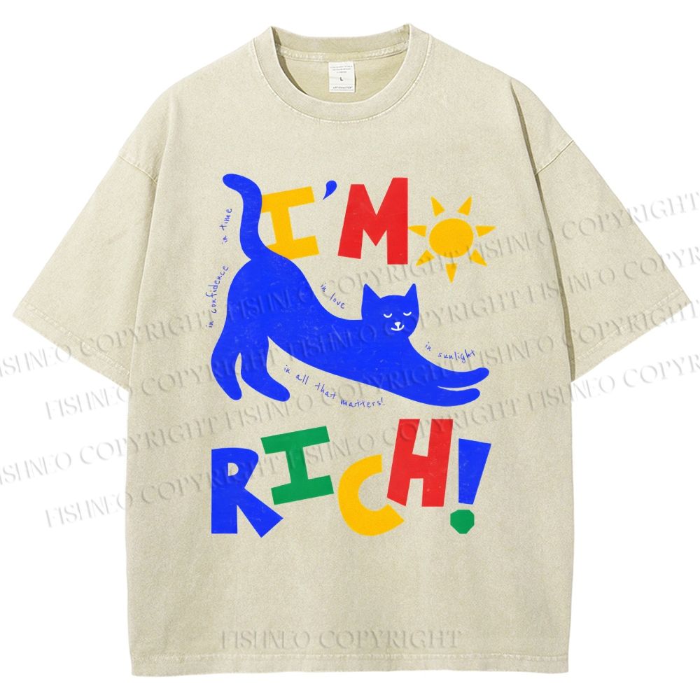 Unisex I'm Rich Cat Printed Washed Tee