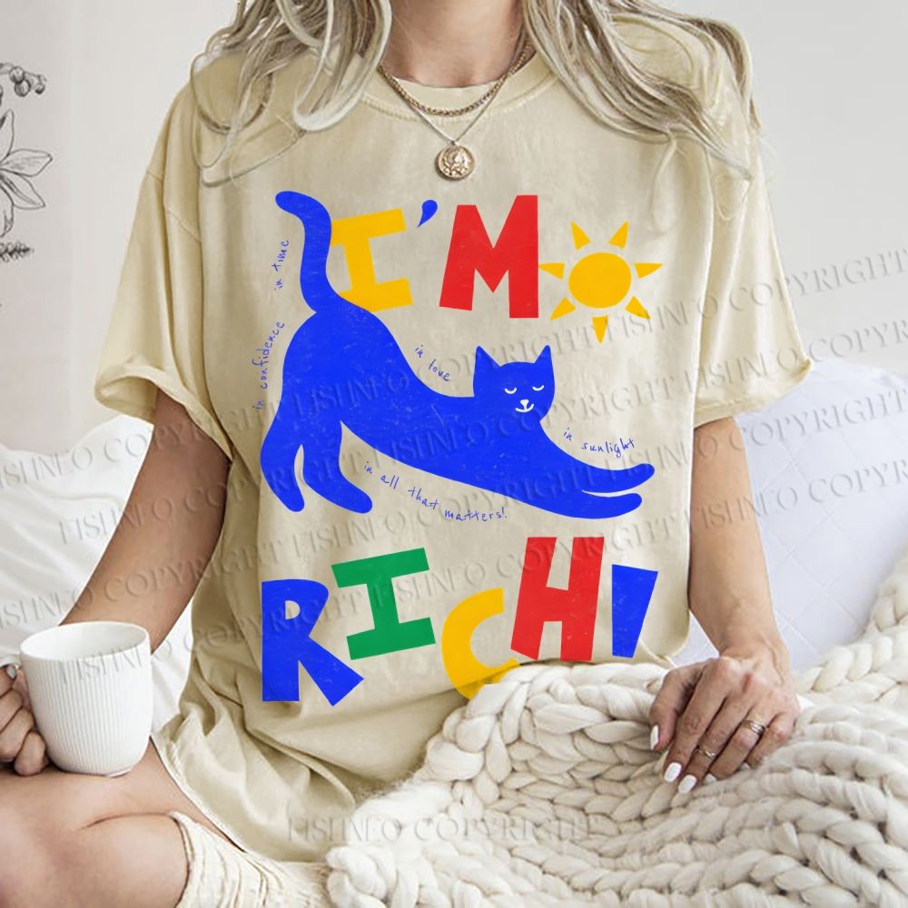 Unisex I'm Rich Cat Printed Washed Tee